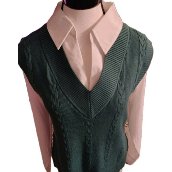 Siani Milano Vest Blouse Size S V Neck Green/ White Long Sleeve - Picture 3 of 8